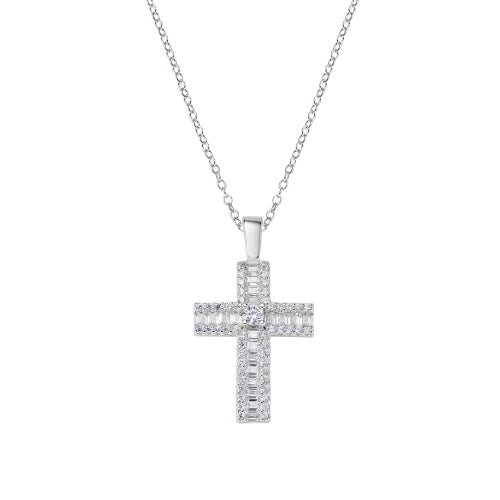Baguette-cut White Zirconia Cross Necklace in Sterling Silver